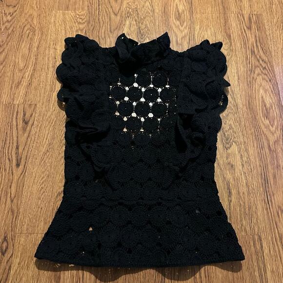 H&M black crochet mock neck floral open back sheer top XS short sleeve - Picture 4 of 12
